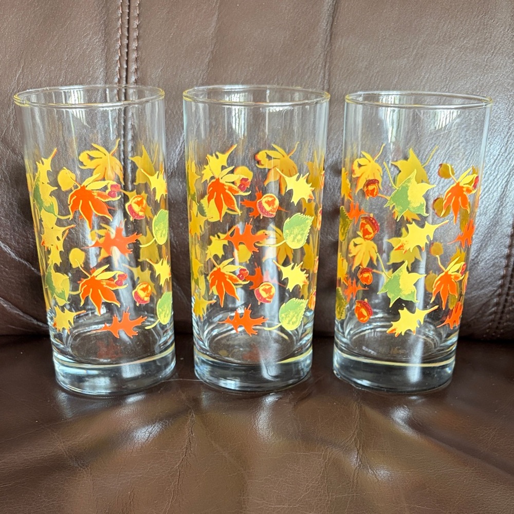 Vintage Libbey Crisa Autumn Fall Leaf Glass Tumblers 16oz - Set of 3
